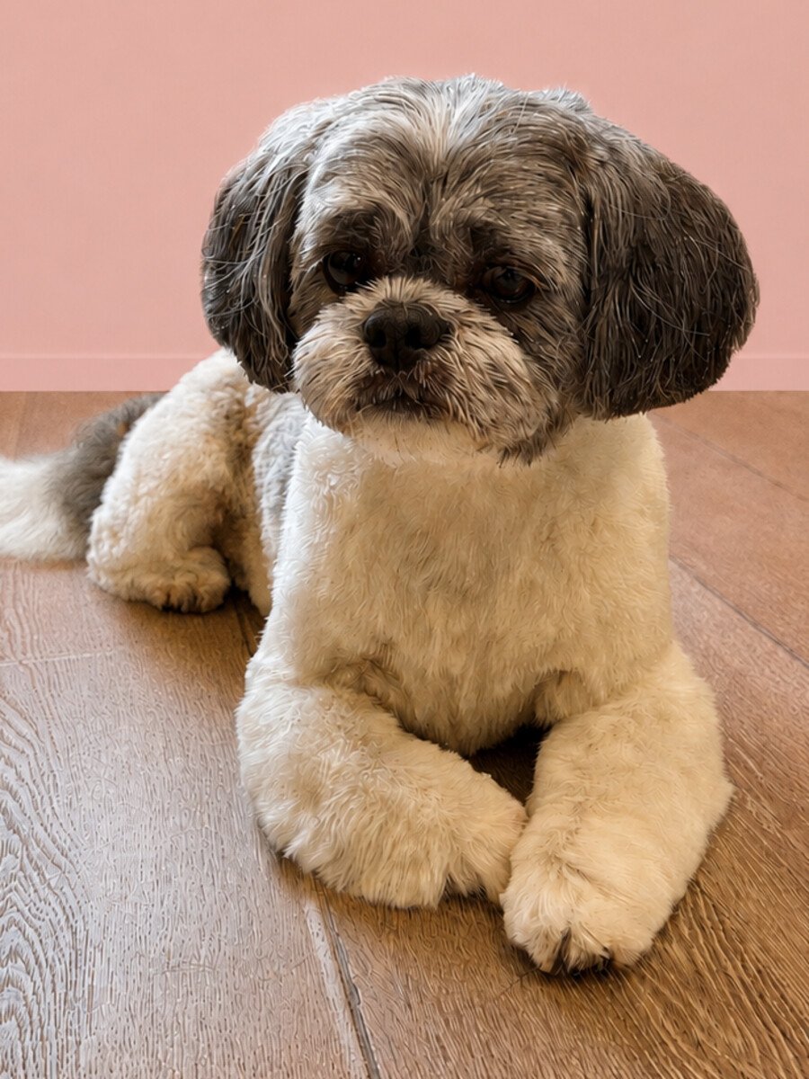A tan and white long-haired dog relaxing on the studio floor after grooming.