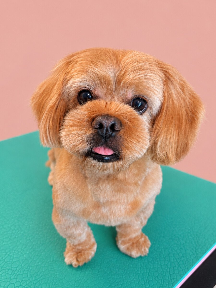Close-up of a golden, curly-coated dog's face on a teal grooming table backdrop.